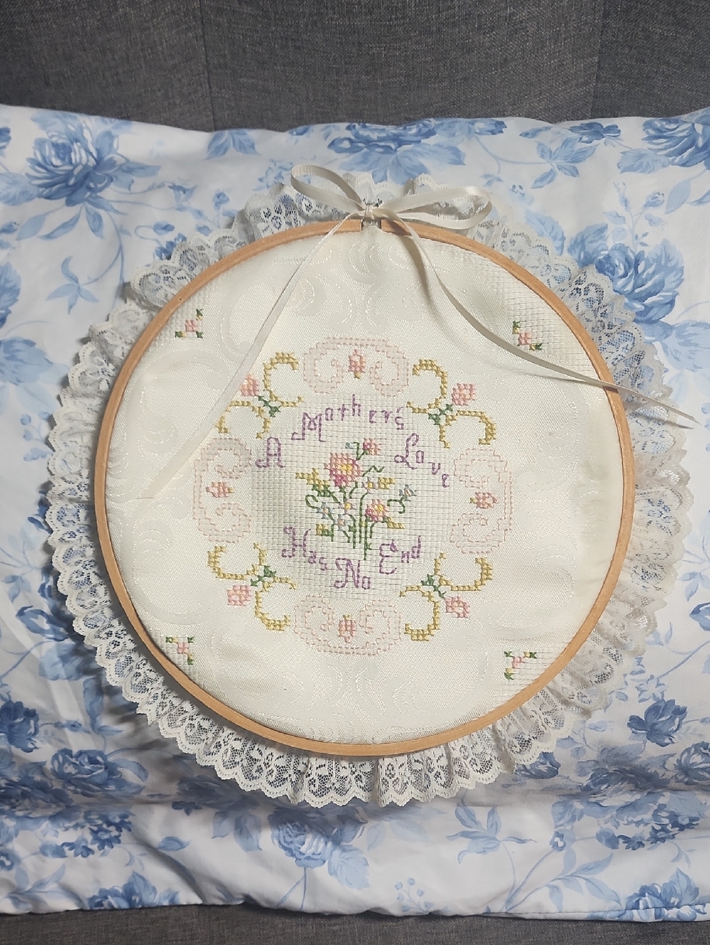 Handmade Floral Cross Stitch Hoop with Lace Trim "A Mothers Love Has No End"